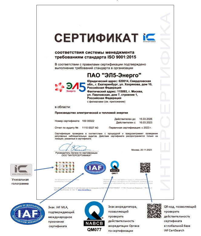 Сертификат Оргага по сертификации ИНТЕРСЕРТИФИКА с логотипом IAF MLA и аккредитацией NABCB